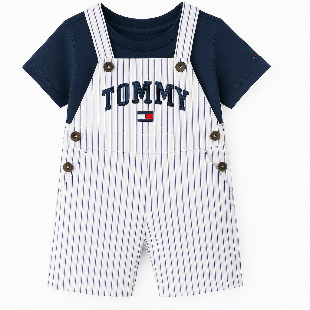 Ensemble Tommy Hilfiger Bébé Garçon – T-shirt Bleu Marine & Salopette Rayée