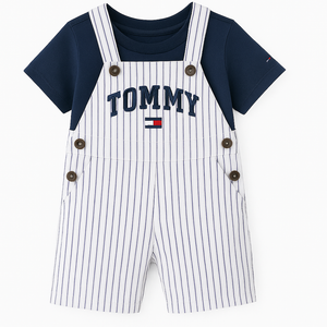 Ensemble Tommy Hilfiger Bébé Garçon – T-shirt Bleu Marine & Salopette Rayée
